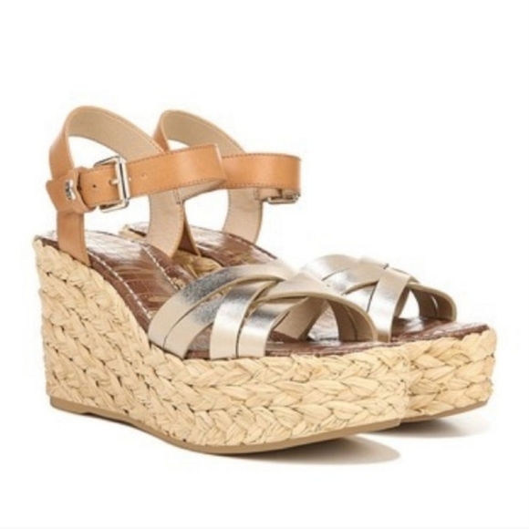 New! SAM EDELMAN Darline Gold Leather Espadrilles Wedge Sandals Heel Size 9.5 - Picture 2 of 16